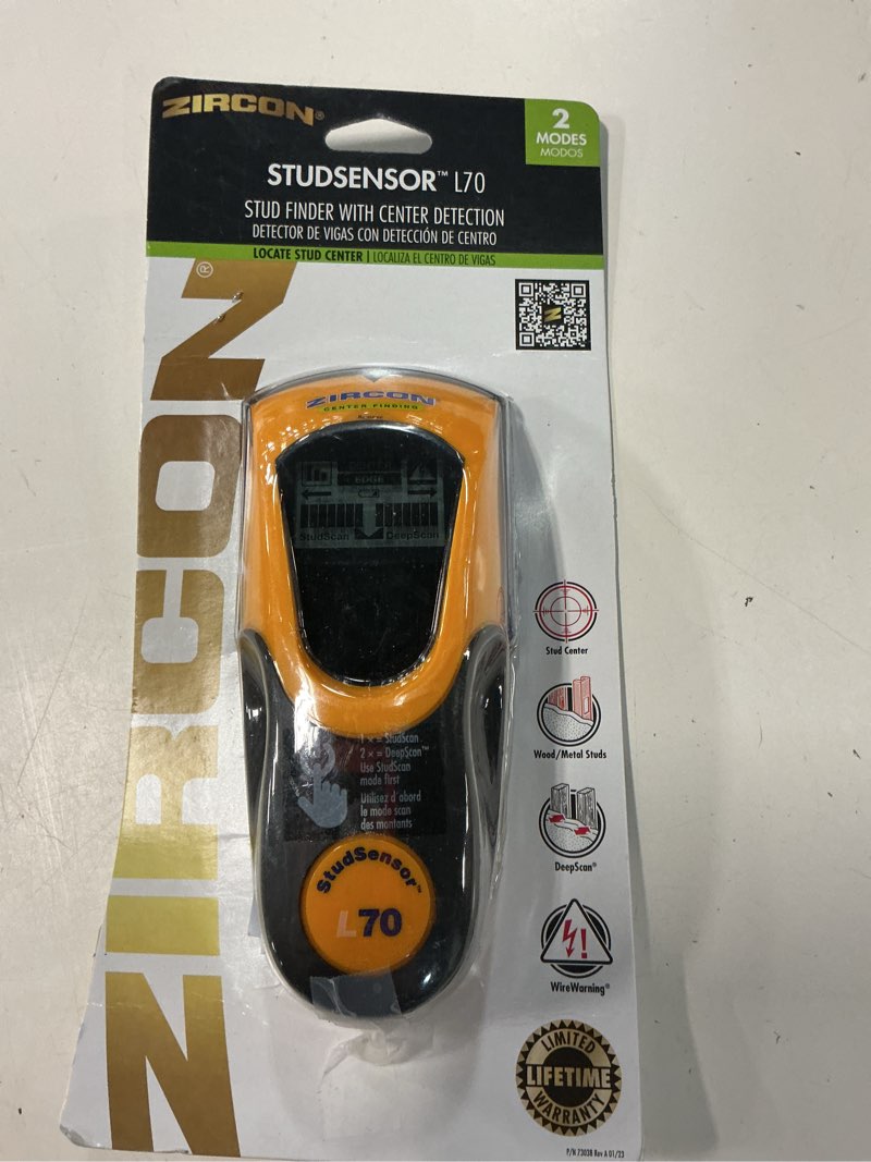 Condition photo showing As Is for zircon 1.5-in scan depth metal and wood stud finder