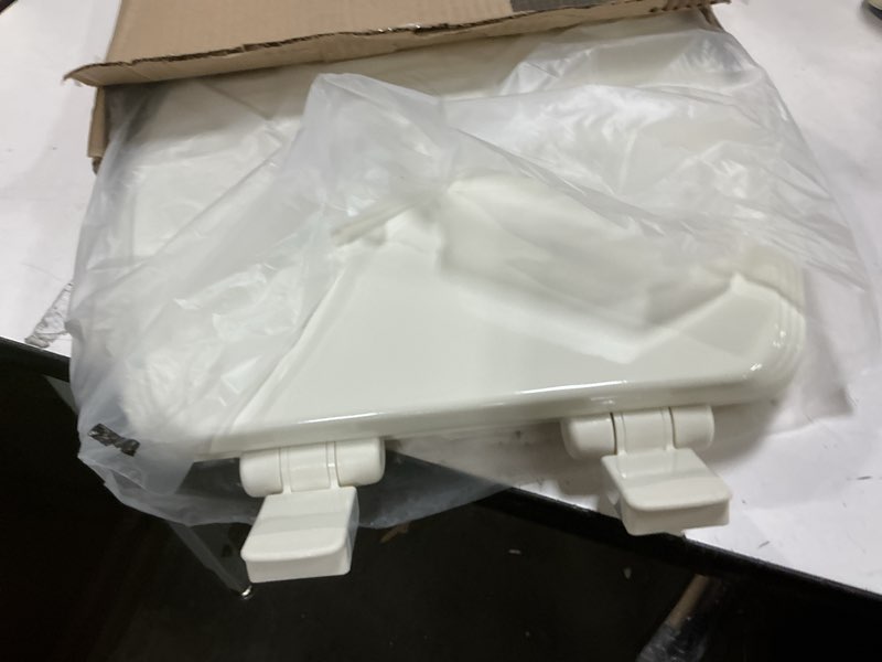 Condition photo showing New/Like New for bemis ashland modern wood toilet seat with decorative edge, slow close, secure hinges, made in usa, elongated, biscuit elongated biscuit