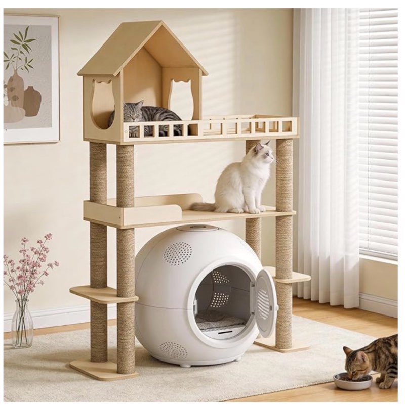 wood cat tree for automatic litter box, 60.2 inch tall modern cat tree tower with litter box enclosu