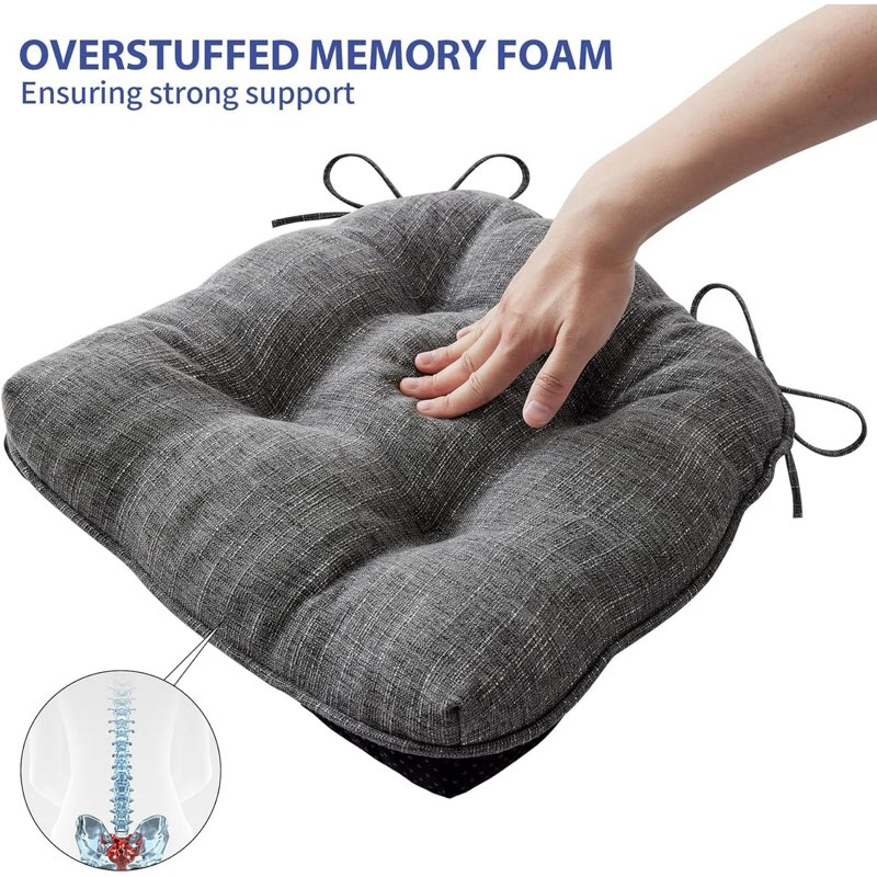 Chair Cushions for Dining Chairs Set of 2 Kitchen Chair Cushions, Chair Pads with Ties and Non Slip Backing, Tufted Memory Foam Seat Cushion 2 Pack, 15.5\\\" x 15.5\\\" x 4\\\", Dark Grey