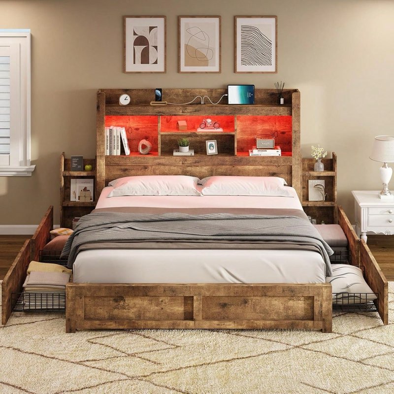 (Incomplete only 1 box)Amerlife King Size Bed Frame With 4 Storage Drawers, Led Bed Frame With 49“ Tall Bookcase Headboard, Wood Platform Bed With Charging Station & 2 Slide Bedside Shelf, No Box Spring Needed/Rustic Brown 1