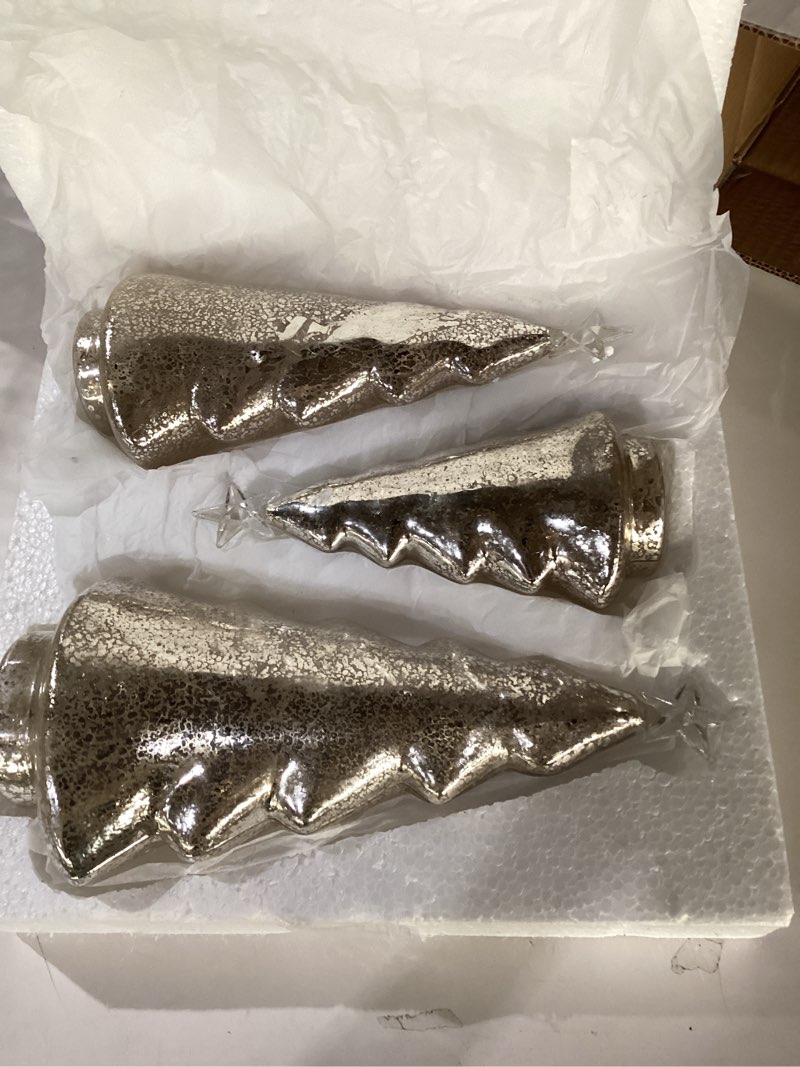 Condition photo showing New/Like New for Red Co. 8.5”, 11”, 12.5” Light-Up Clear Glass Christmas Tree Tabletop Display Figurine Set of 3 Sizes, Mercury Gold