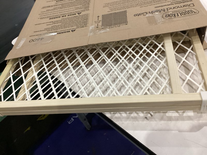 Condition photo showing As Is for north states easy adjust diamond mesh pet gate  white  wood  26.5  - 42  x 23