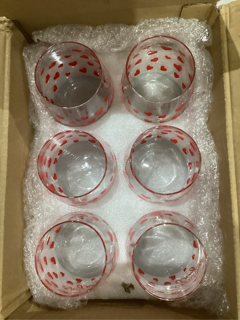Condition photo showing New/Like New for Maxcheck 6 Pcs Valentines Day Wine Glasses Red Heart Wine Glasses Galentines Stemless Glass Drinking Glass Valentines Party Gift for Present Holiday Party Event Round Heart