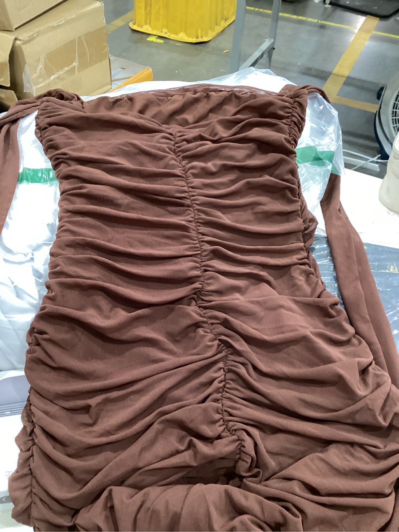 Condition photo showing Good Condition for women bodycon maxi dress high slit halter tie ruched long formal cocktail wedding guest dresses brown medium