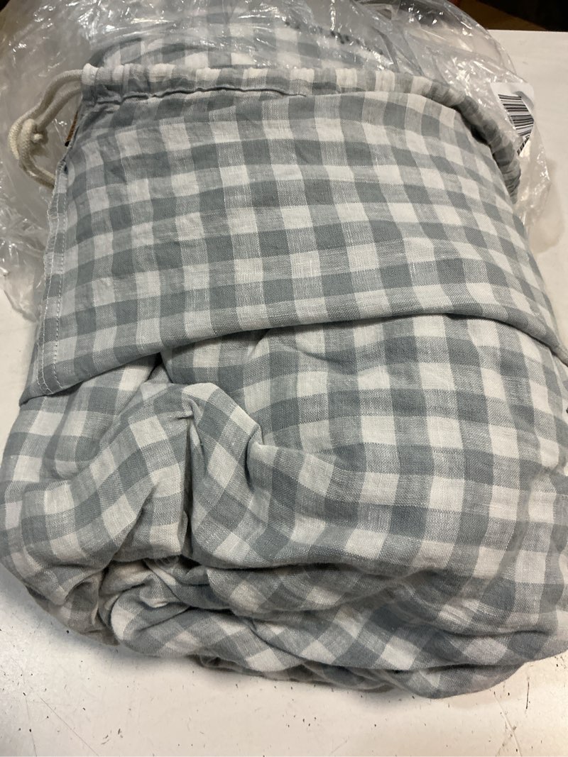 Condition photo showing As Is for quince european linen duvet cover, king/cal king, blue fog gingham