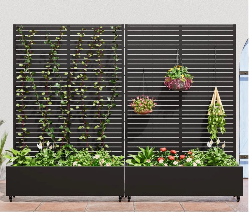 outdoor metal planter box raised garden beds with trellis