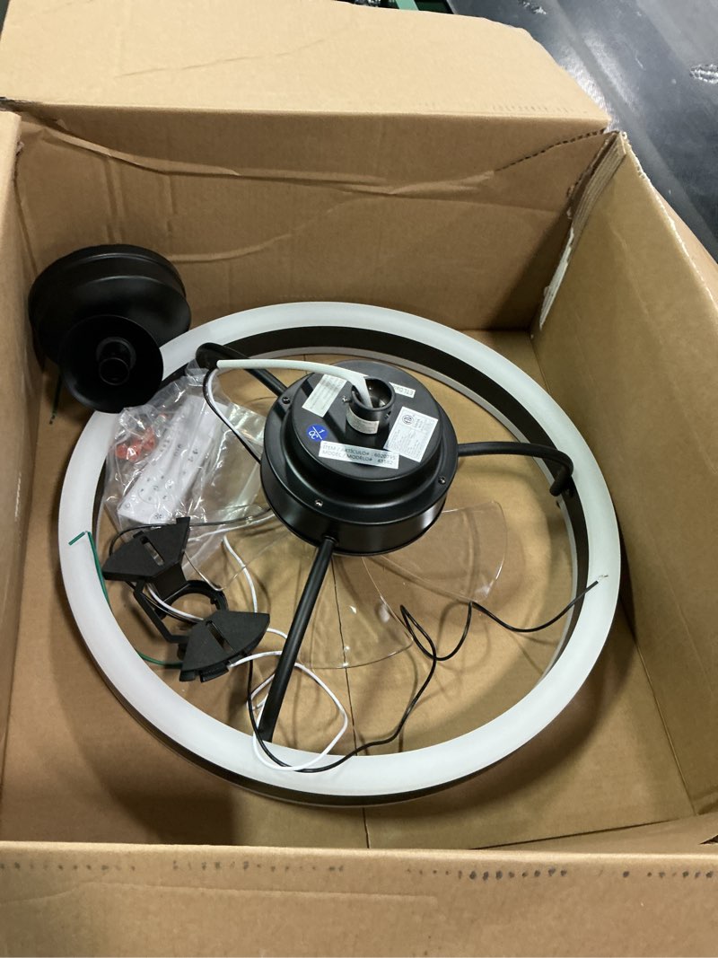 Condition photo showing As Is for Harbor Breeze Edenmore II 20-in Matte Black with Clear Blades Color-Changing Fandelier Ceiling Fan