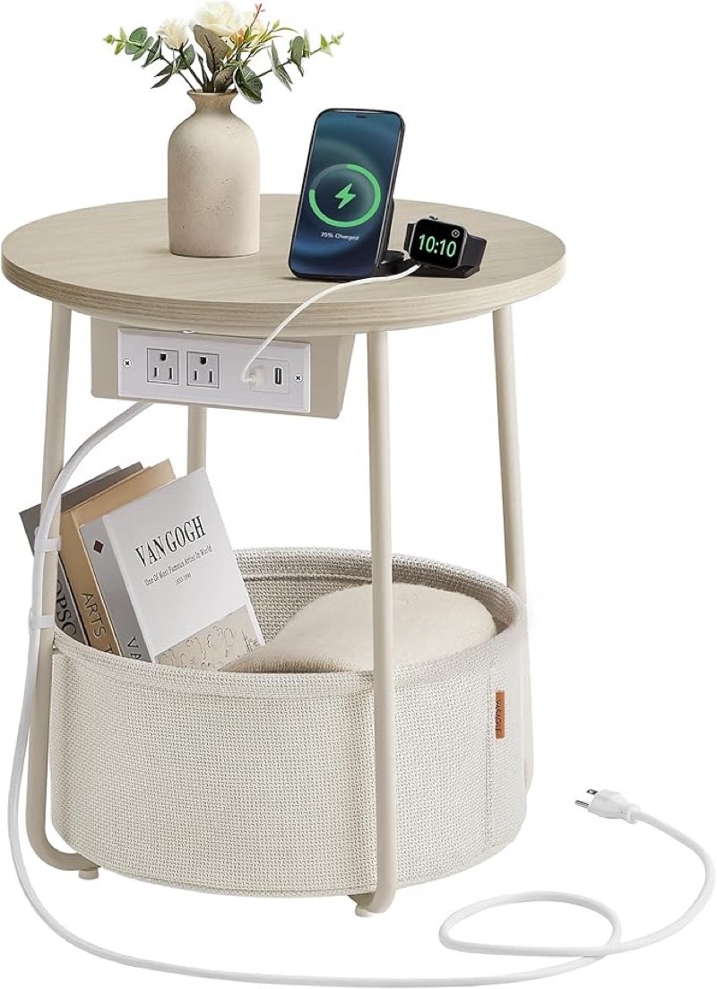 VASAGLE Side Table with Charging Station, Round End Table with Fabric Basket, Nightstand with Power Outlets, USB Ports, for Living Room, Bedroom, Modern, Cream White ULET228N01