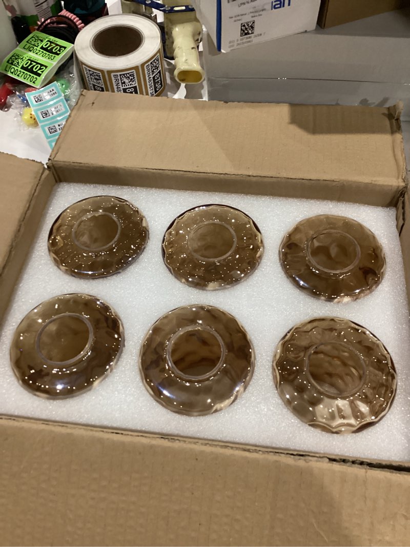 Condition photo showing Good Condition for 6 Pcs Amber Hammered Glass Shade Replacements for Pendant Light Fixtures Glass Lamp Shade Cover, 1-5/8 Inch Fitter E26 Base, 4"w x 6"h, Replacement Lamp Globe for Chandelier Wall Sconce Amber Hammered 6