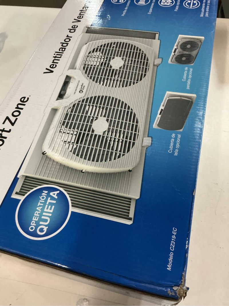 Condition photo showing Good Condition for comfort zone twin window fan with reversible airflow control, 9 inch, auto-locking expanders, 2 speed fan, dual fan, exhaust, airflow 9.84 ft/sec, ideal for home, kitchen, bedroom & office, cz319wt white 9"