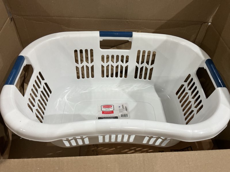 Condition photo showing Good Condition for rubbermaid hip hugger laundry basket fg299787wht 3 handle 1.5 bushel white