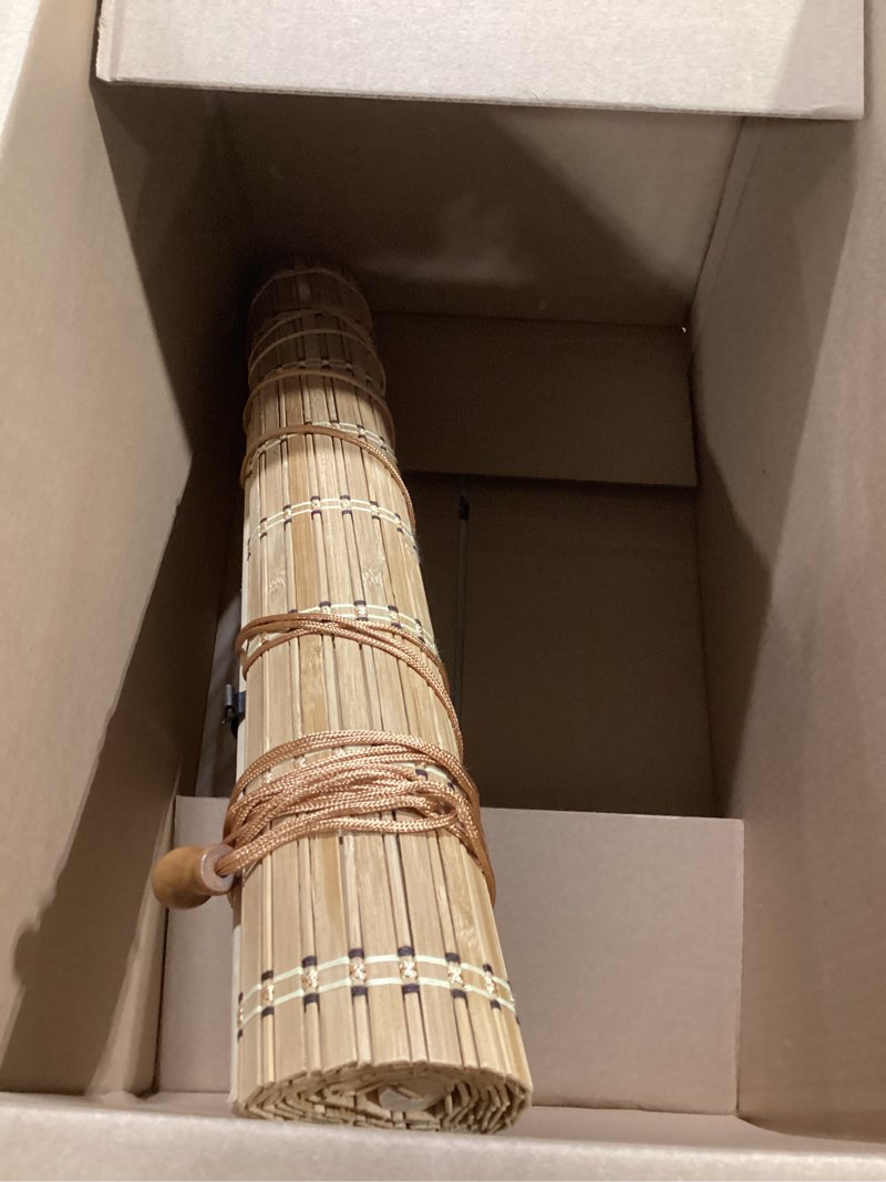 Condition photo showing Good Condition for bamboo blinds for interior windows, easy to install bamboo shades for indoor windows, custom roller shades for indoor window and outdoor patio, 23" w x 48" h bamboo carbonized broad 23"w x 48"h