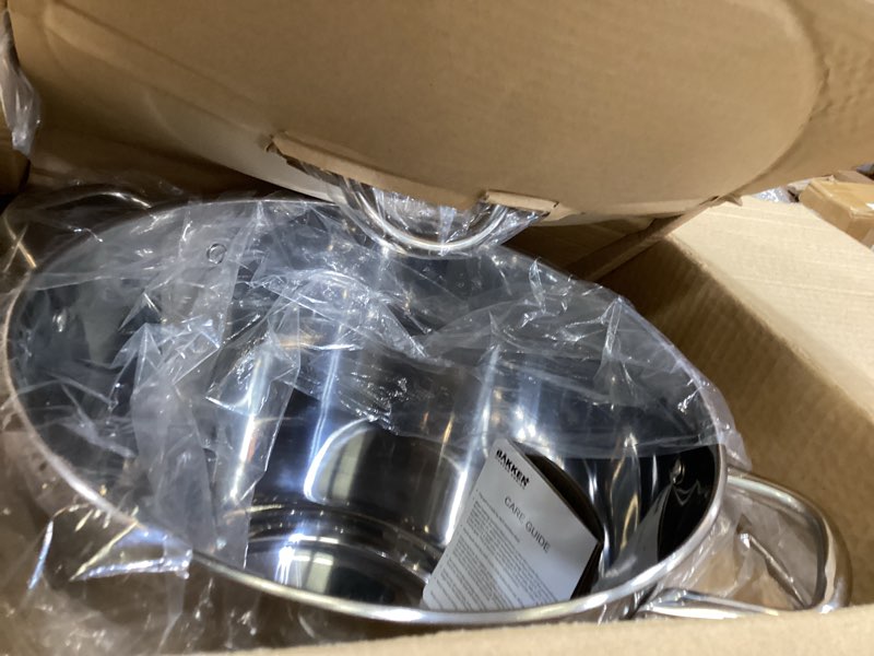 Condition photo showing Good Condition for stainless steel stockpot with tempered glass lid 19 quart, durable 18/0 stainless steel, impact-bonded base for even heating, riveted handles, oven & all stove compatible, safe up to 500°f (260°c) 19 quarts