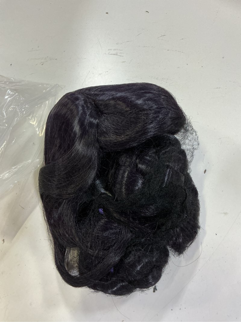 Condition photo showing Good Condition for short black purple cosplay wig with 2 buns for halloween party costume?small size? black pueple