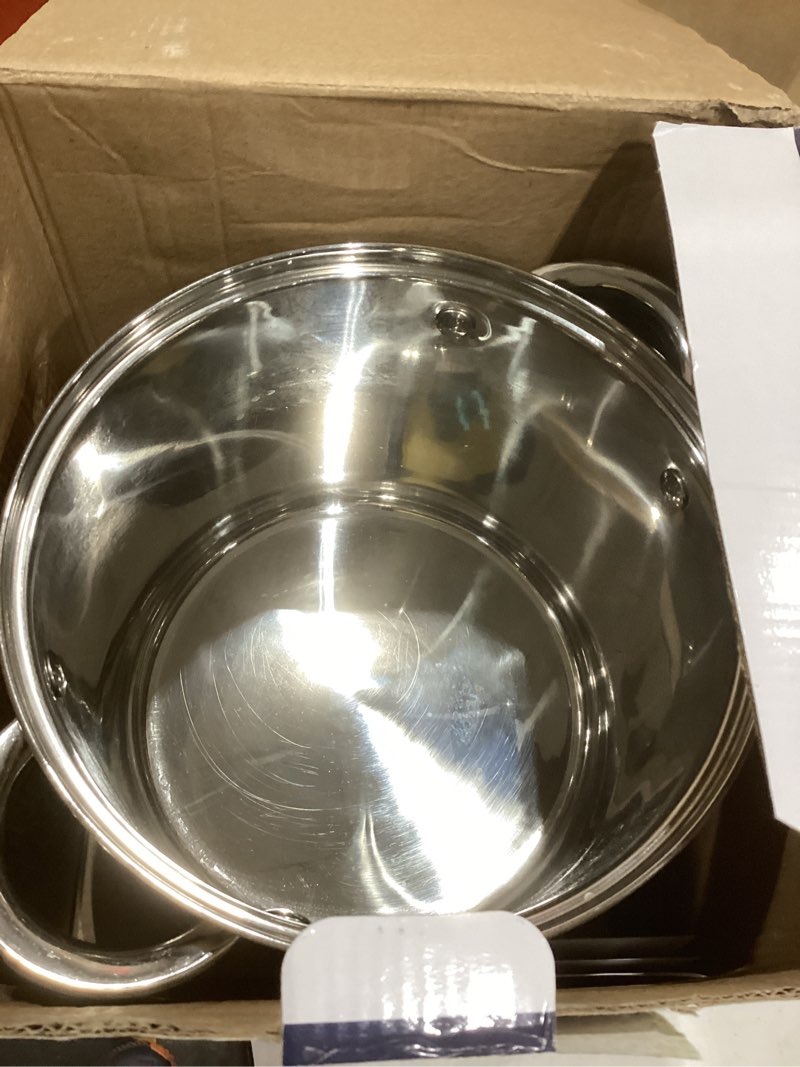 Condition photo showing As Is for Oster Sangerfield 5-Quart Stainless Steel Pasta Pot Set with Steamer Basket and Lid – Durable Kitchen Cookware for Boiling and Steaming Stainless Steel 5-Quart Pasta Pot Set w/Steamer & Strainer Insert