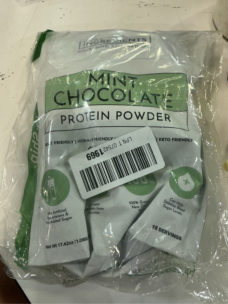 Condition photo showing New/Like New for (bb-06-24-2027)just ingredients mint chocolate protein powder | 15 servings | 24g grass-fed new zealand and irish whey + 4 additional protein sources | no added sugar | no synthetic gums or fillers mint chocolate 15 servings