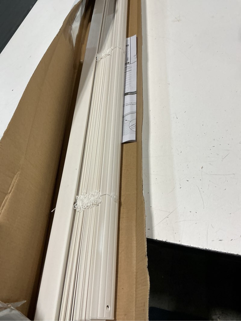 Condition photo showing As Is for mainstays 1  cordless vinyl light filtering blinds  1-piece  white  39  w x 64  l