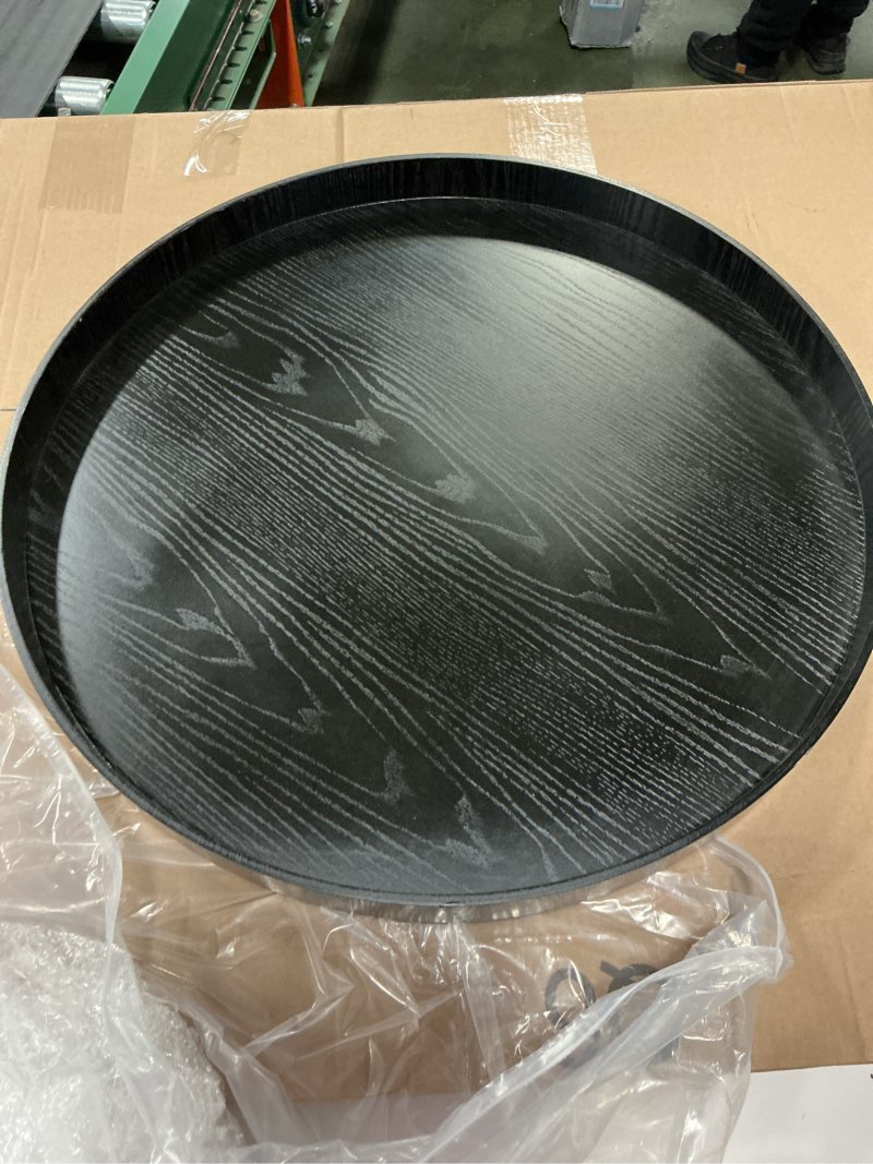 Condition photo showing Good Condition for Jinei Large Round Serving Tray 24 x 24 Inch Black Solid Wood Tea Tray for Ottoman for Home, Office, Tea House, Bar, Food, Snack, Table, Breakfast Serve, Decorative