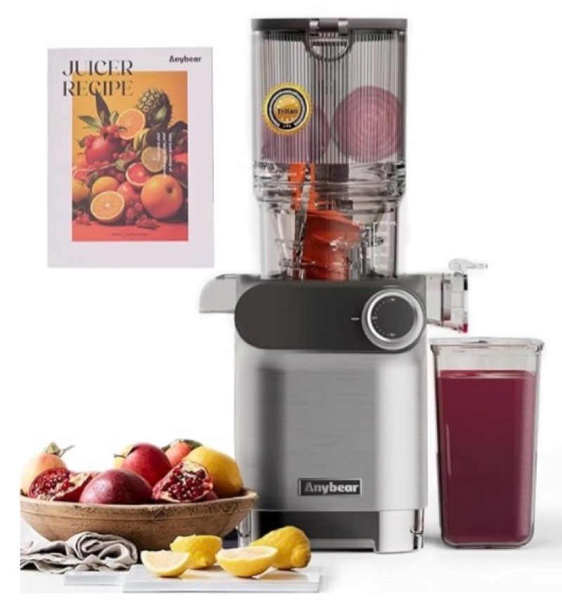 anybear cold press juicer, 200w masticating slow juicer 4.3" large feed chute fit whole fruits vegetables | upgraded auger | tritan material | bpa free | juice recipes (light gray)