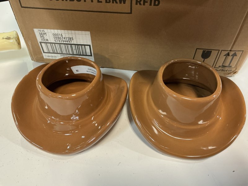 Condition photo showing Good Condition for mainstays 6.8  x 7.1  x 3.2  round brown ceramic cowboy hat planter 4 pcs