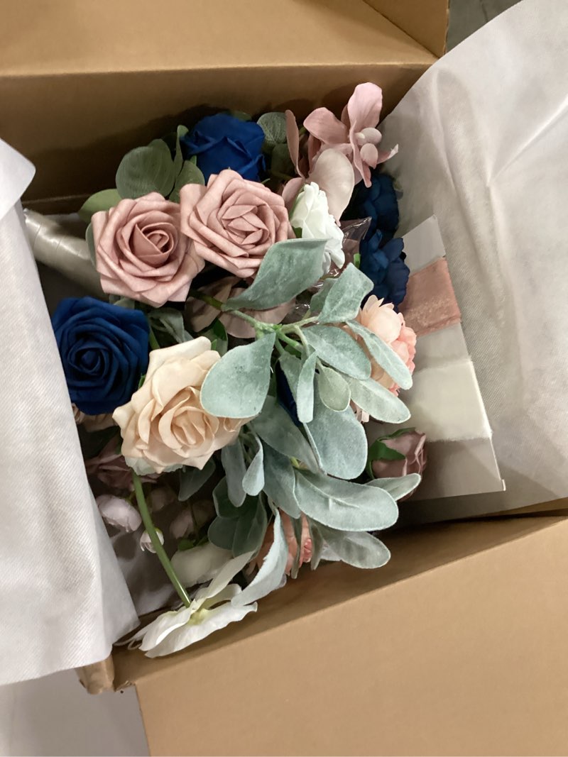 Condition photo showing New/Like New for ling's moment dusty rose navy blue bridal bouquet cascading, pink and blue wedding bouquets for bride, 15 inch silk artificial wedding flower bouquet pk-exquisite dusty rose & navy medium 15 inch