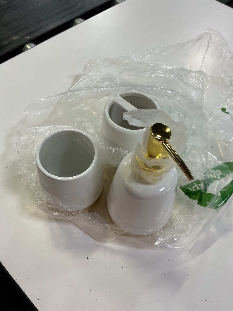 Condition photo showing As Is for elegant white with gold bathroom accesory set 3pc,toothbrush holder soap dispenser soap dish tumbler cup for bathroom decor morden style (white 2)