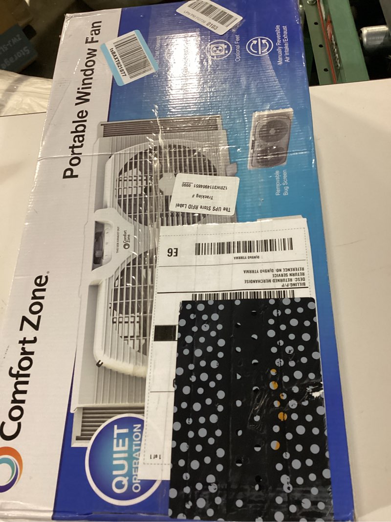 Condition photo showing New/Like New for comfort zone twin window fan with reversible airflow control, 9 inch, auto-locking expanders, 2 speed fan, dual fan, exhaust, airflow 9.84 ft/sec, ideal for home, kitchen, bedroom & office, cz319wt white 9"