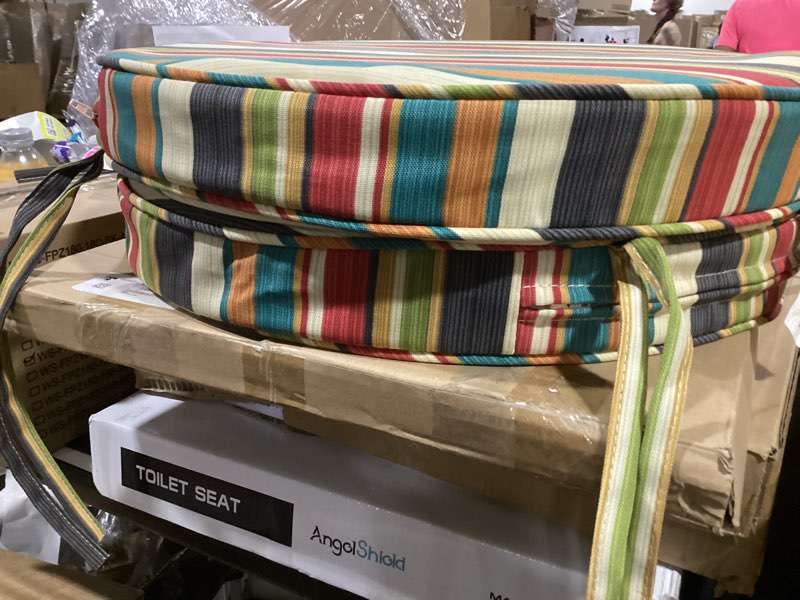 Condition photo showing Good Condition for outdoor 18-inch round reversible seat cushion, adobe stripe