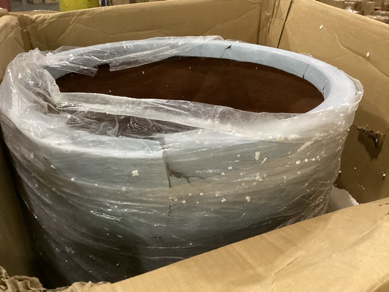 Condition photo showing As Is for cracks kante 18 inch dia round concrete planter, indoor outdoor large plant pot with drainage hole and rubber plug for home patio garden, slate gray slate gray 18\"w