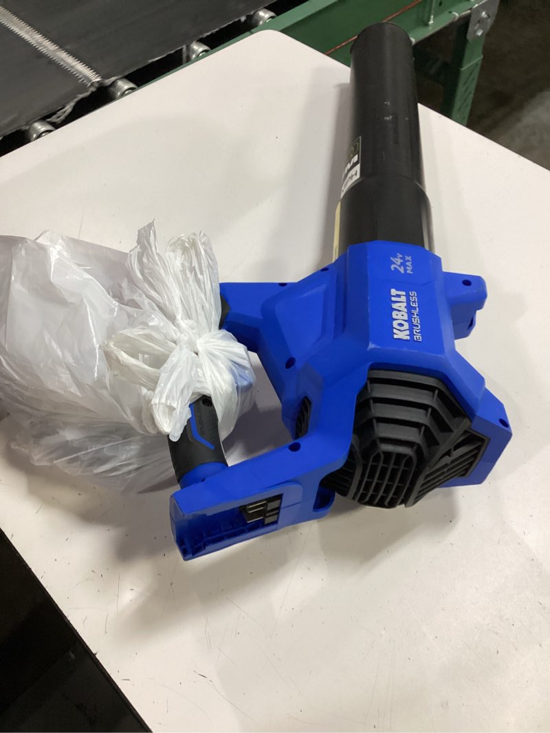 Condition photo showing As Is for kobalt 24v 500-cfm 120-mph cordless battery handheld leaf blower battery and charger not included