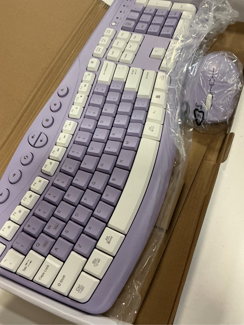 Condition photo showing Good Condition for wireless keyboard and mouse combo,2.4g full size ergonomic curved silent keyboard with fn multimedia keys for office and home, 3-dpi quiet mouse for windows,mac os desktop/laptop/pc (purple-a)