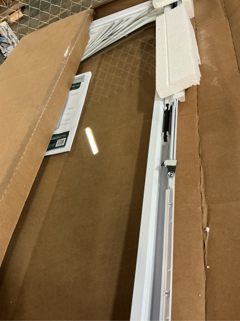 Condition photo showing As Is for 20 x 36 entry door clear glass insert (internal blinds), white