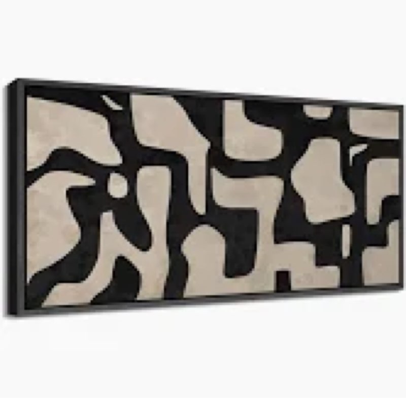 mid century shape abstract contours, black and white beige artwork, retro bedroom home decor, extra large framed canvas print wall art