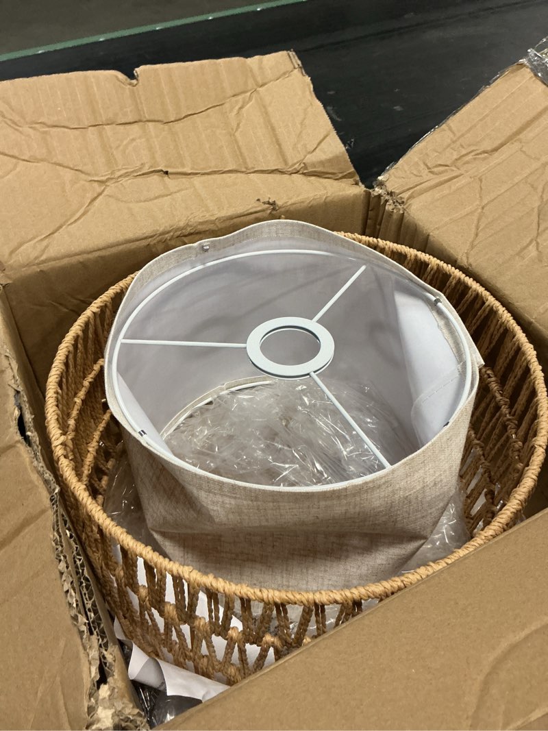 Condition photo showing As Is for boho rattan lamp shade, 12.6" top x 12.6" bottom x 7.68" high, natural rattan & linen double layer lamp shades for floor lamps table lamps chandelier, uno fitter lampshade replacement, easy assembly
