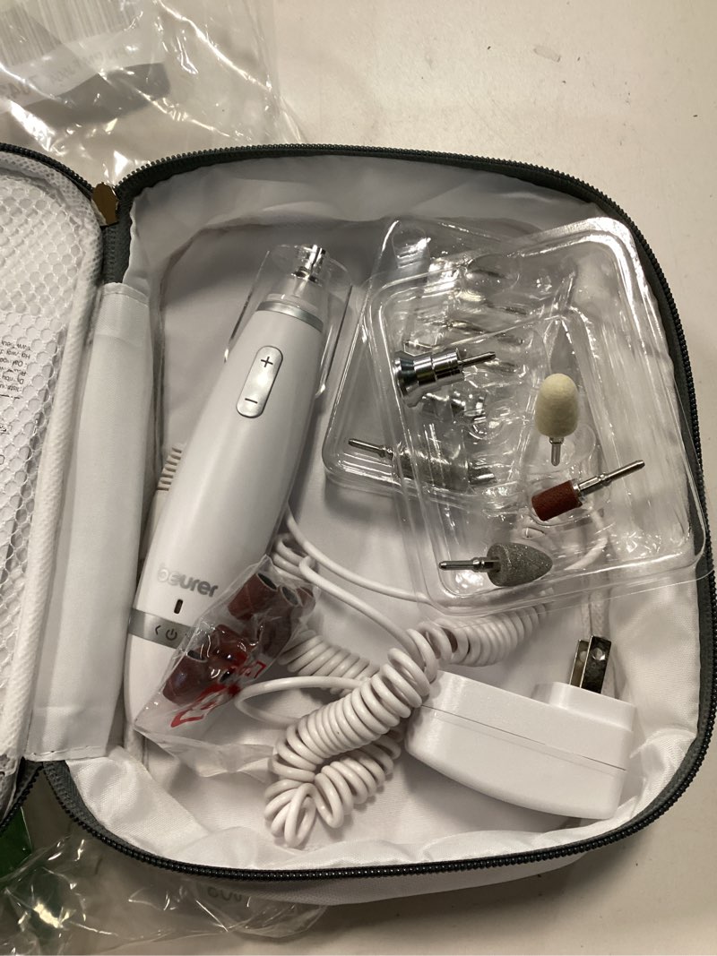 Condition photo showing As Is for Beurer MP62 Professional Nail Drill Kit, Portable Electric File Machine with 10 Attachments & 10 Sanding Bands, Efile Dremel for Acrylic Gel Manicure and Pedicure, LED Light, with Storage Case White - 10 Attachments