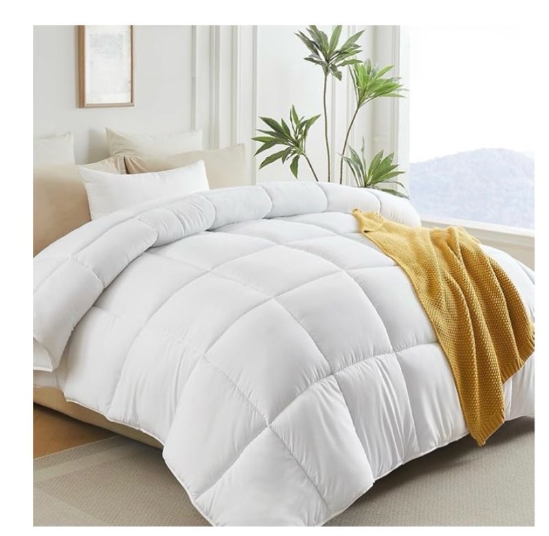 lovsoul down alternative oversized king comforter, 120x98inches, polyester, white, all season, box stitching design, corner tabs.
