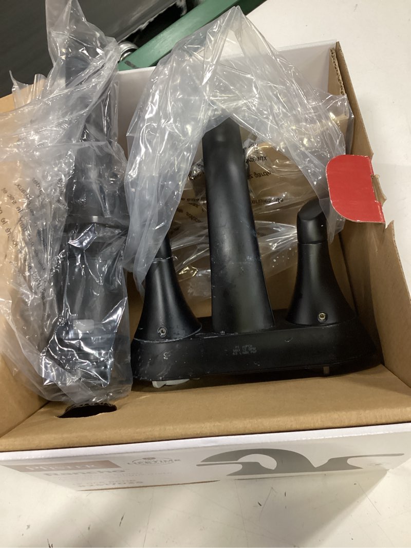 Condition photo showing As Is for pfister rancho matte black 4-in centerset 2-handle watersense bathroom sink faucet with drain and deck plate