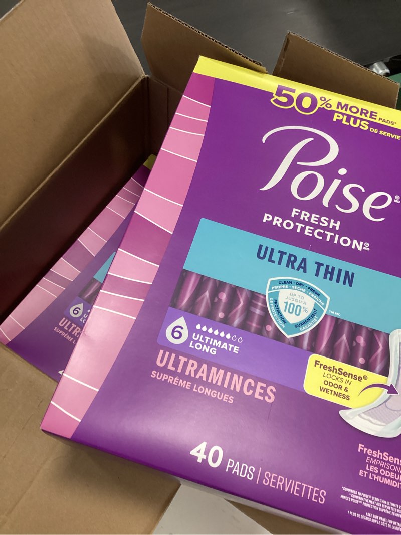 Condition photo showing Good Condition for Poise Ultra Thin Incontinence Pads & Postpartum Pads for Bladder Leaks, 6 Drop Ultimate Absorbency, Long Length, 120 Count (3 Packs of 40), Packaging May Vary Long Length 120