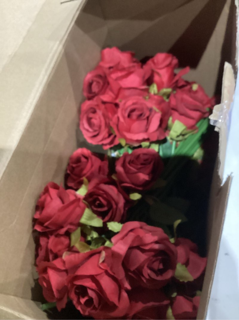 Condition photo showing As Is for Jexine 120 Pcs Artificial Rose Flowers Bouquet Bulk Silk Realistic Fake Flowers for Wedding Anniversary Bridal Bouquet DIY Floral Arrangement Romantic Home Decor Gifts(Red)