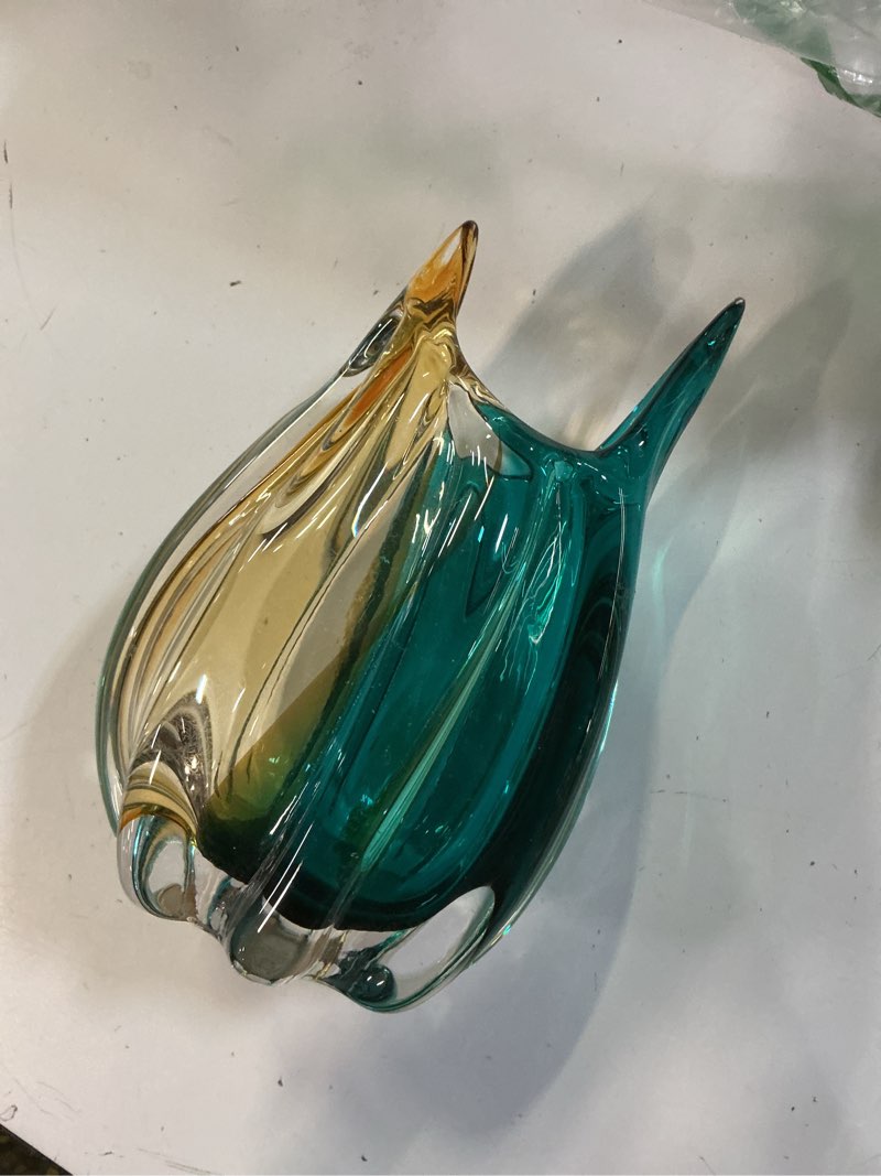 Condition photo showing New/Like New for hand blown glass vase, medium wide mouth flower vase unique modern turquoise glass art decor, nonbreakable vases for table centerpieces living room decorative amber and teal vase small