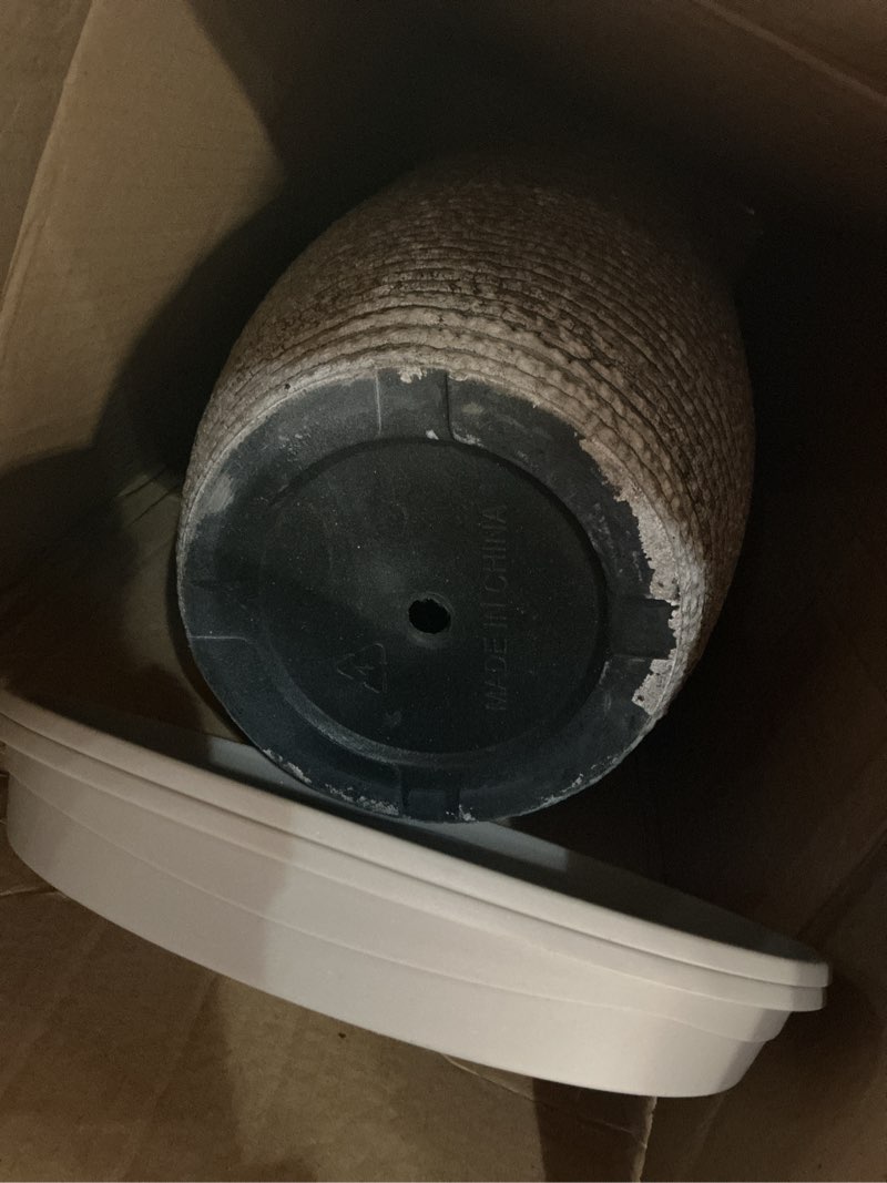Condition photo showing Good Condition for qcqhdu set of 2 oversized 9 gallon round planters for front door & patio - 12x21 inch tall outdoor/indoor plant pots with drainage tray, gray faux stone textured tree planters for porch decor gray 21in
