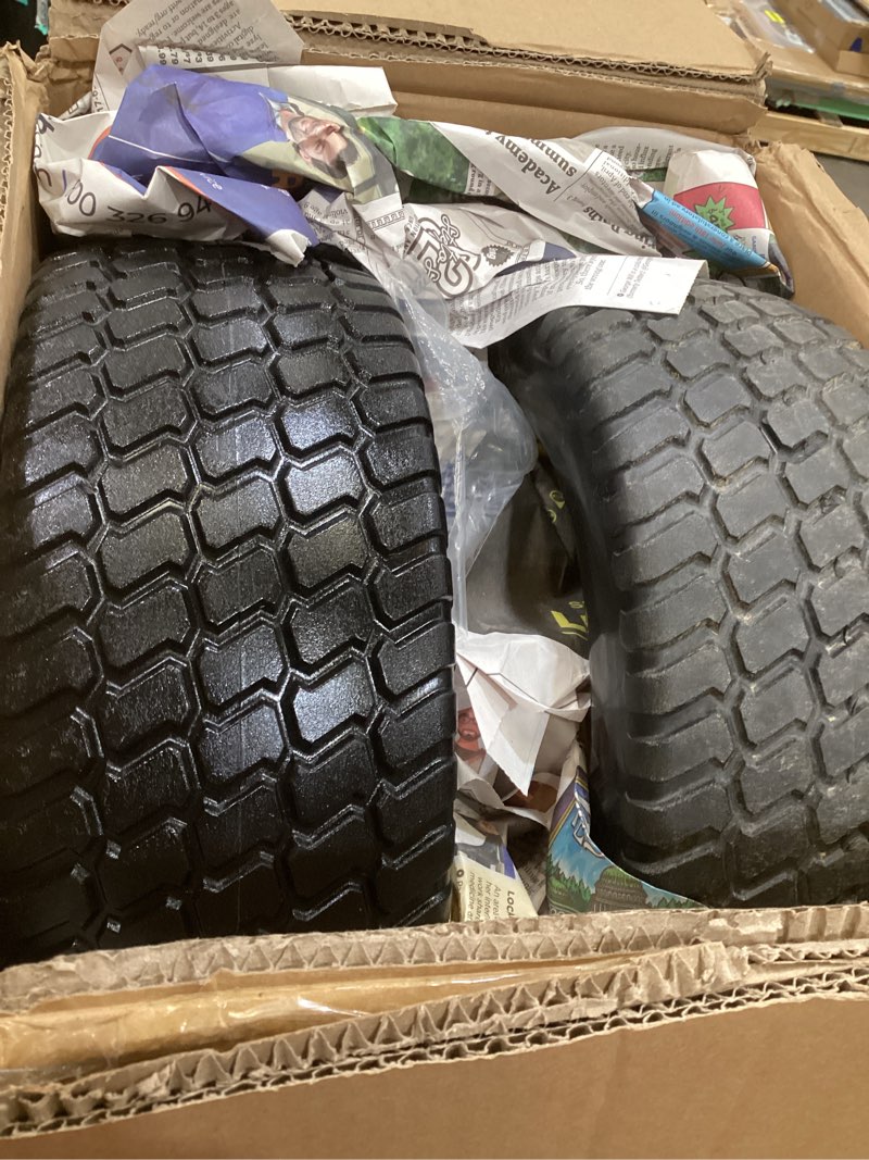 Condition photo showing As Is for ticonn 10" solid tires, 2 pack flat free 4.10/3.50-4'' wheels with 5/8” axle bore hole and double sealed bearings (yellow, 2pk) 10" 2pk yellow