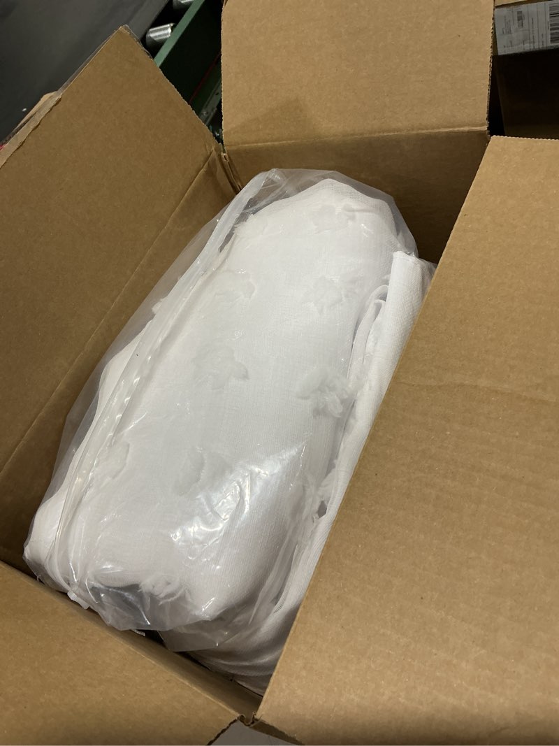 Condition photo showing New/Like New for white blackout pleated ruffle curtains for bedroom with design,room darkening pom pom textured ruffled farmhouse boho french country decorative curtains for living room 84 inches long 50"w x 84"l (pack of 2) white