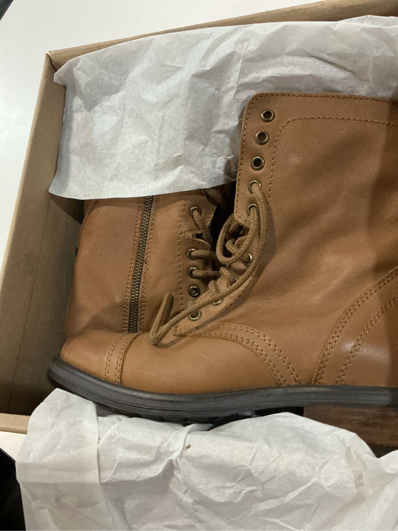 Condition photo showing New/Like New for dream pairs women’s mid-calf combat boots, lace-up military style boots with side zipper, faux leather round toe fall winter booties