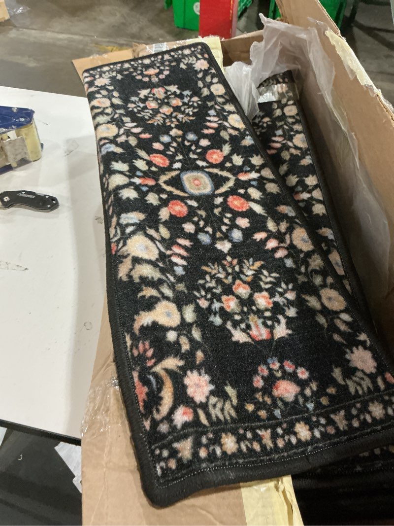 Condition photo showing As Is for ojia floral stair treads non-slip stair runner for wooden steps indoor 15pcs 30"x8" carpet stair treads stair mats staircase step treads for kids, elders and dogs, stair covers, black 15pcs black-bird 15
