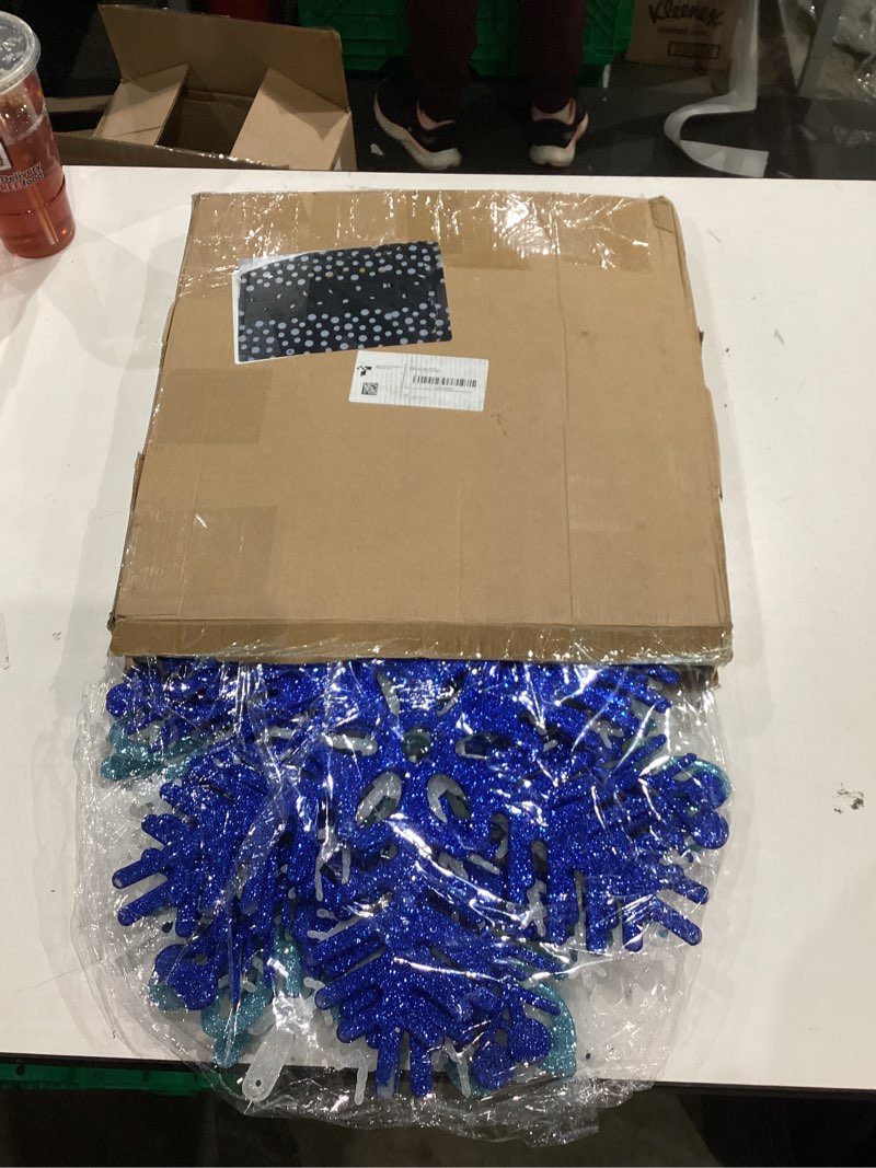 Condition photo showing Good Condition for 12 pcs 15.8'' large snowflake decorations – giant hanging snowflakes, plastic snowflakes for indoor & outdoor christmas decor, porch & tree decorations (white, blue, dark blue) white, blue, dark blue 12 pcs