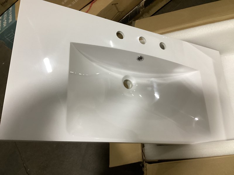 Condition photo showing New/Like New for possibly incomplete  , missing cabinet(just sink )  , dwvo 36 inch bathroom vanity with sink, modern bathroom storage cabinet with resin basin, three holes, 2 doors & 3 drawers white 36 inch