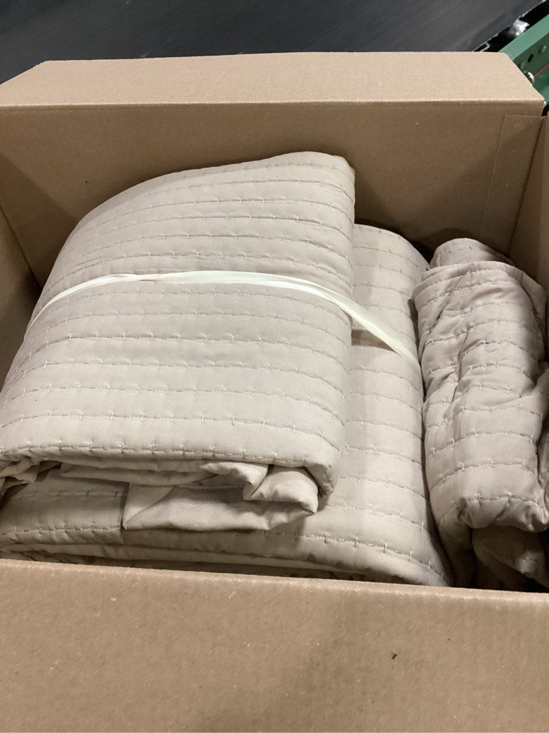 Condition photo showing Good Condition for beige quilted quilt set, king size, lightweight, 3 pieces | modern farmhouse style, channel quilted design, soft lightweight, all-season, includes 2