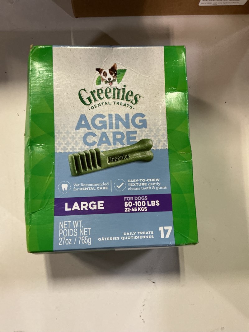 Condition photo showing New/Like New for (BB:27/10/2025)Greenies Dental Treats for Dogs, Veterinarian-Recommended Aging Care Adult Natural Dental Dog Treats, Large Size, 27 oz. Pack, 17 Count Aging Care 17 Count (Pack of 1)
